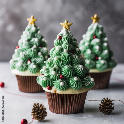 Christmas tree shaped cupcakes on light grey table, Delicious Christmas Tree Cupcakes with Decorations on White Background