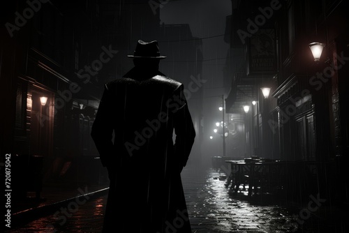 Mysterious man at night. Man in hat and coat standing on a street at rainy night. classic gangster. spy or secret agent. private investigator at rainy night.