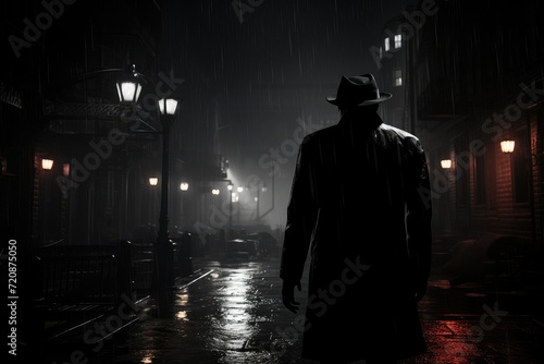 Classic detective spy man. silhouette of a mysterious man in hat and coat standing in the middle of a street at rainy night. vintage mafia gangster. private investigation agent.