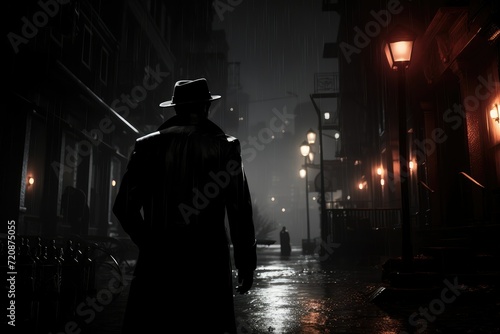Rear view of a Private Investigator. Silhouette of a man in hat on a street at rainy night. spy. mafia gangster. secret agent.