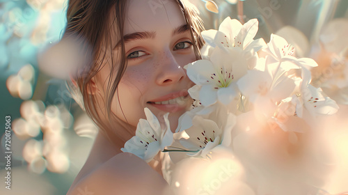 a woman holding a bouquet of white flowers #720875063