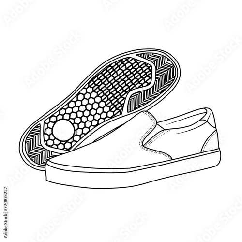 Template vector illustration of Men’s Slip On Canvas Shoes Sneakers, suitable for your custom slip on shoes design, outline vector doodle illustration, side and bottom view isolated on white