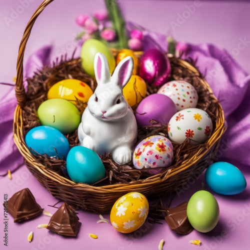 arrangement decoration of Happy Easter holiday bunnies and eggs on a basket and pink background
