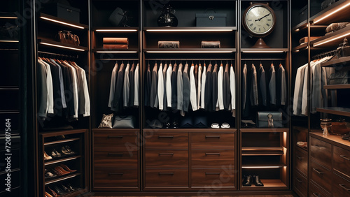 Closet arrangement boasting wooden panel walls and fashion items  blending form and function