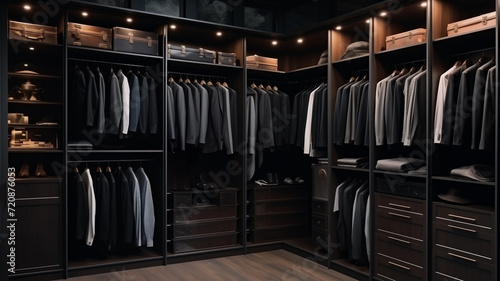 Fashion-forward closet design featuring dark grey walls  black shelving and display of garments