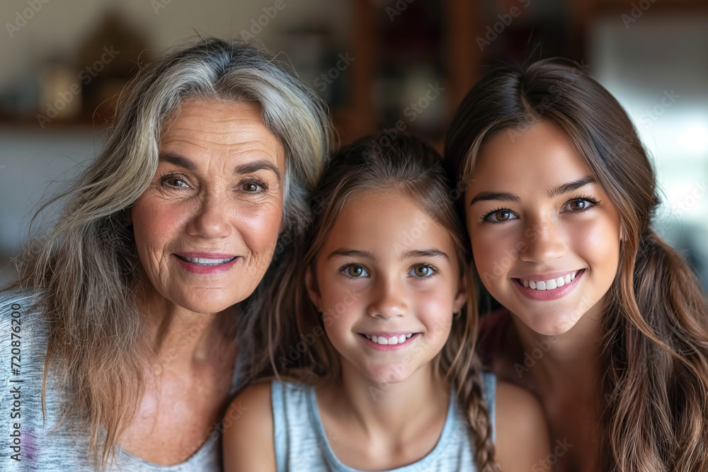 Grandmother and Granddaughter Together, Gray-Haired Woman with Her Two Young Granddaughters, Smiling Sisters with their Granny, Happy and Smiling on Mother's Day and Women's Day Grandmother and Granddaughter Together, Gray-Haired Woman with Her Two Young Granddaughters, Smiling Sisters with their Granny, Happy and Smiling on Mother's Day and Women's Day