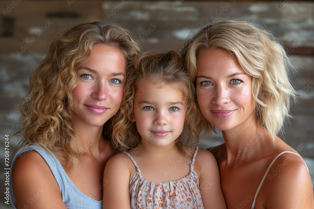 Lesbian Mothers and Their Daughter, Happy Blonde Women's Marriage with Their Little Girl Between Them and a Brick Background, United on Mother's Day and Women's Day Lesbian Mothers and Their Daughter, Happy Blonde Women's Marriage with Their Little Girl Between Them and a Brick Background, United on Mother's Day and Women's Day