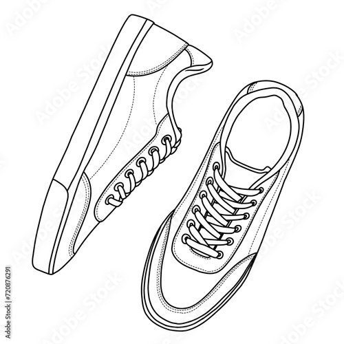 Technical sketch drawing of Mens Low Top Sneaker Classic Casual Sneakers, suitable for your custom Leather Tennis Shoes design, outline vector doodle illustration, top and side view isolated on white 