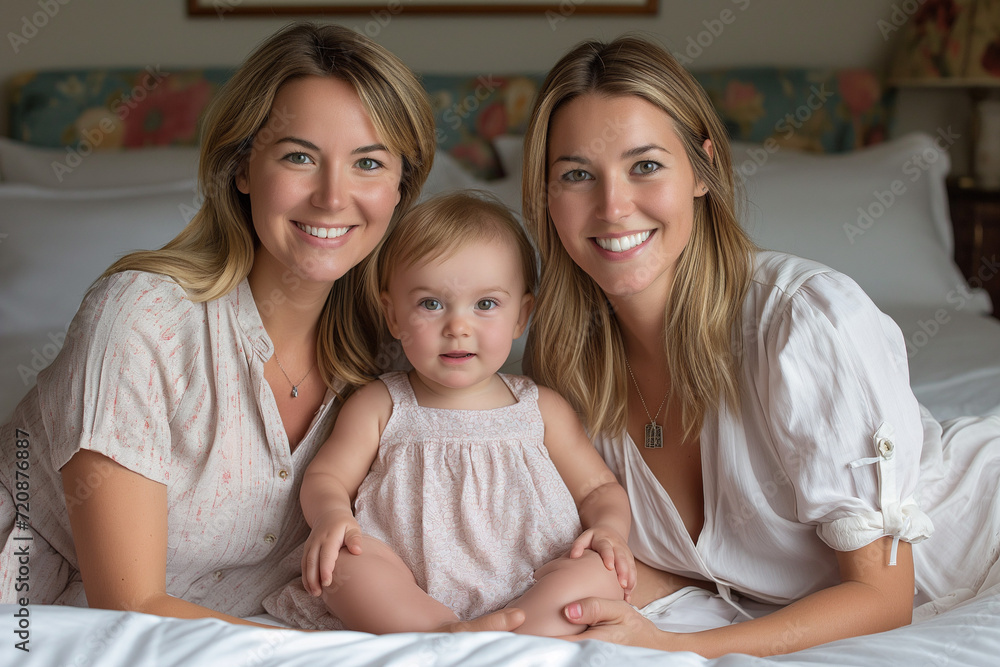 Lesbian Mothers and Their Daughter, United Women's Marriage Waking Up Together with Joy and a Smile in Their Home Bed, United on Mother's Day and Women's Day