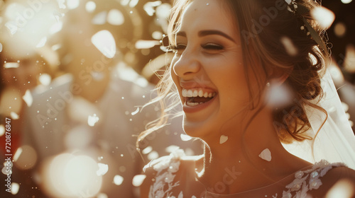 Candid photo of a young bride getting married on her wedding day, smiling with petal confetti. Wedding ceremony closeup. AI generated