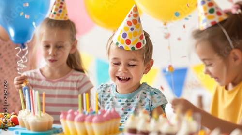Birthday celebration scene. Festive party atmosphere. Image captures the joy and excitement of a lively birthday party, featuring decorations, cake, and happy moments.