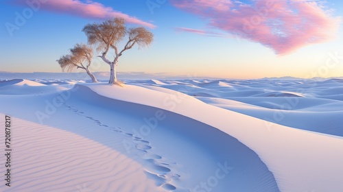 White Desert Sandscape with Trees and Pink Sky