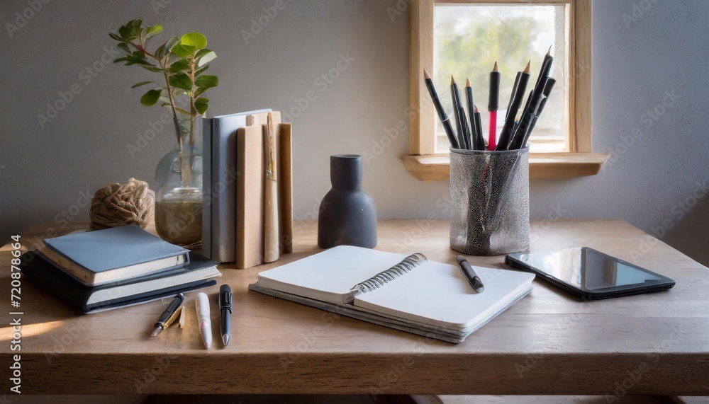 Office desk table with coffee cup, books, notebook, pencils, pen and smartphone. Office desk table with coffee cup, books, notebook, pencils, pen and smartphone.