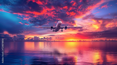 Airplane flying on tropical colorful evening sky over the sea at beautiful sunset with reflection