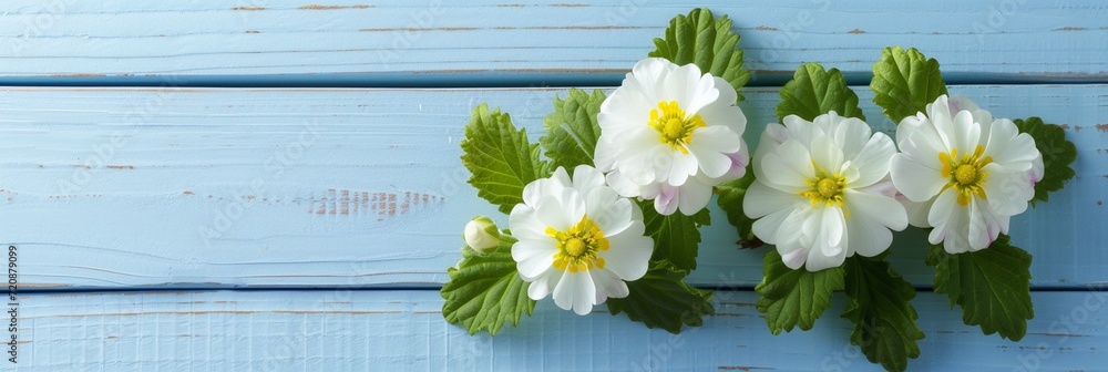 Fototapeta premium Spring primula primrose flowers Blossom On Blue Wooden Table with copy space.