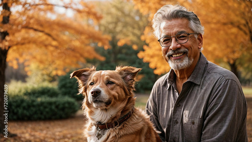 Cheerful retired senior hispanic man smiling with his dog enjoying time in a park