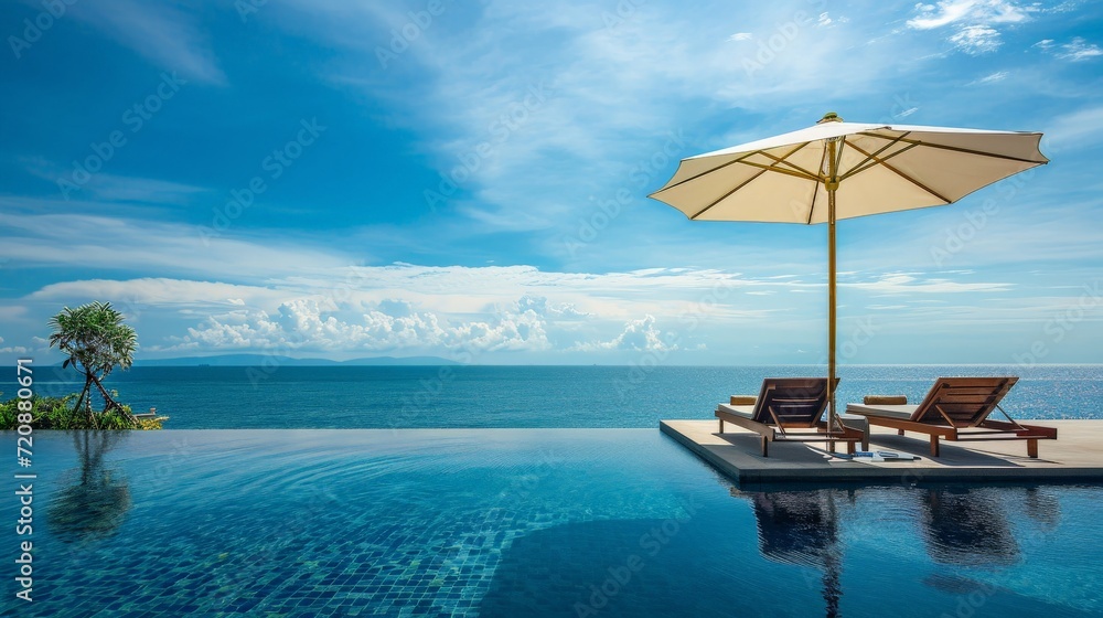 Beautiful landscape of sea ocean on sky with umbrella and chair around luxury outdoor swimming pool in hotel resort for leisure travel and vacation