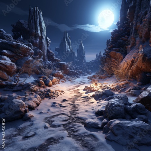Moonlit Snowy Mountain Pass Digital Art