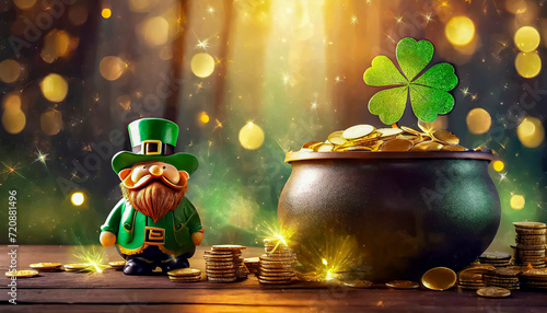 Toy Leprechaun Stands Next To A Pot Overflowing With Gold Coins And A Giant Four-Leaf Clover