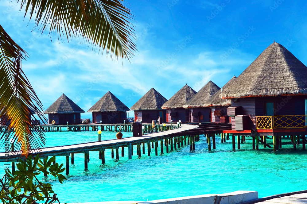 Fototapeta premium Water villas stand abreast in Maldivian sea 2