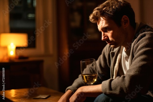 Sad young man sitting at home with a glass of white wine.
