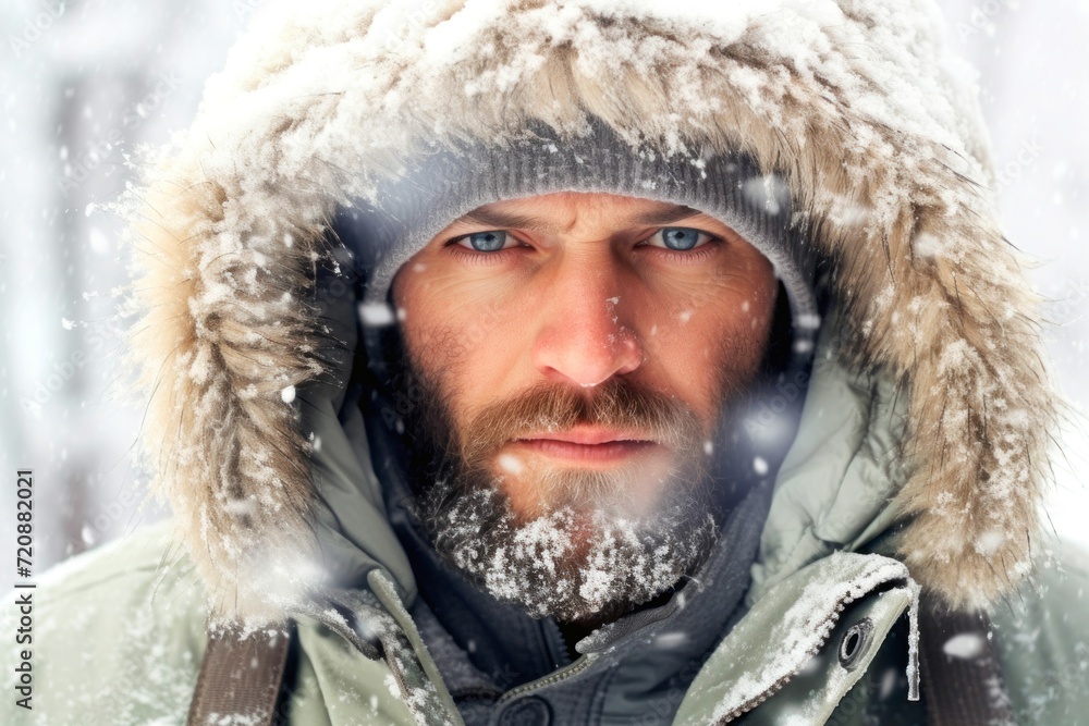 winter, fashion, people and lifestyle concept - close up of man in warm clothing over snow background winter, fashion, people and lifestyle concept - close up of man in warm clothing over snow background