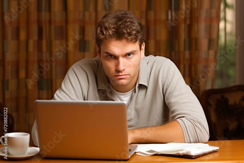 Young man working on laptop at home. Man looking at camera.