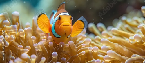 A clownfish peers from an anemone on an Indonesian coral reef.