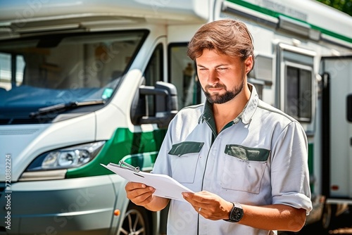 Portrait of a male mechanic holding clipboard in front of a camper van