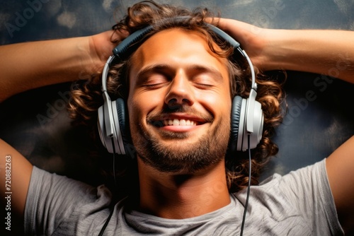 Handsome young man with headphones listening to music and smiling.