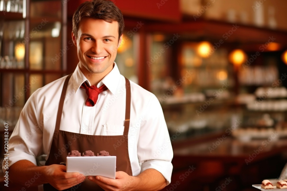 Portrait of a handsome young man in apron holding a tablet in his hand. Portrait of a handsome young man in apron holding a tablet in his hand.