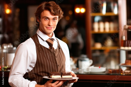 Handsome young waiter holding a plate of cake in a cafe