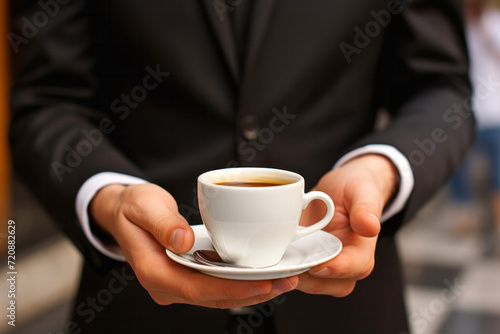 Businessman holding a cup of coffee in his hands, close up