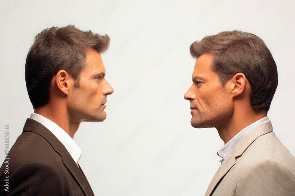Portrait of two young businessmen looking at each other, side view Portrait of two young businessmen looking at each other, side view