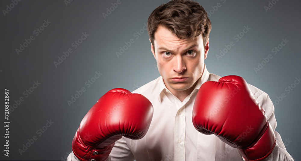 Young businessman with boxing gloves on grey background. Looking at camera.