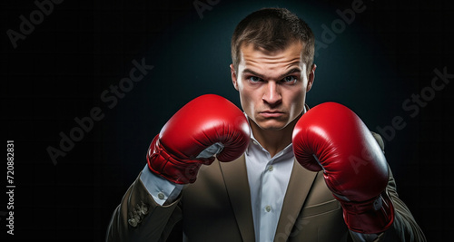 Young businessman wearing boxing gloves on dark background. Concept of sport and competition.
