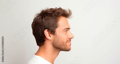 Portrait of a handsome young man in profile on a gray background