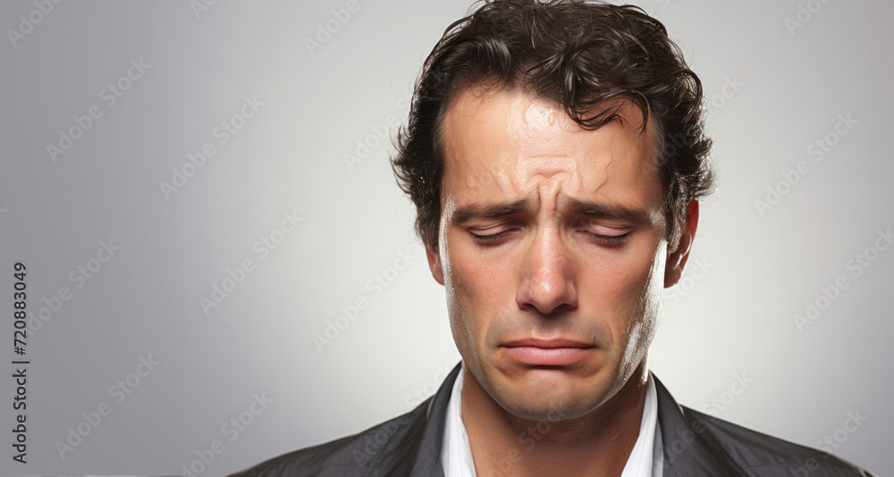 Young man suffering from pain in his head. Over grey background. Young man suffering from pain in his head. Over grey background.