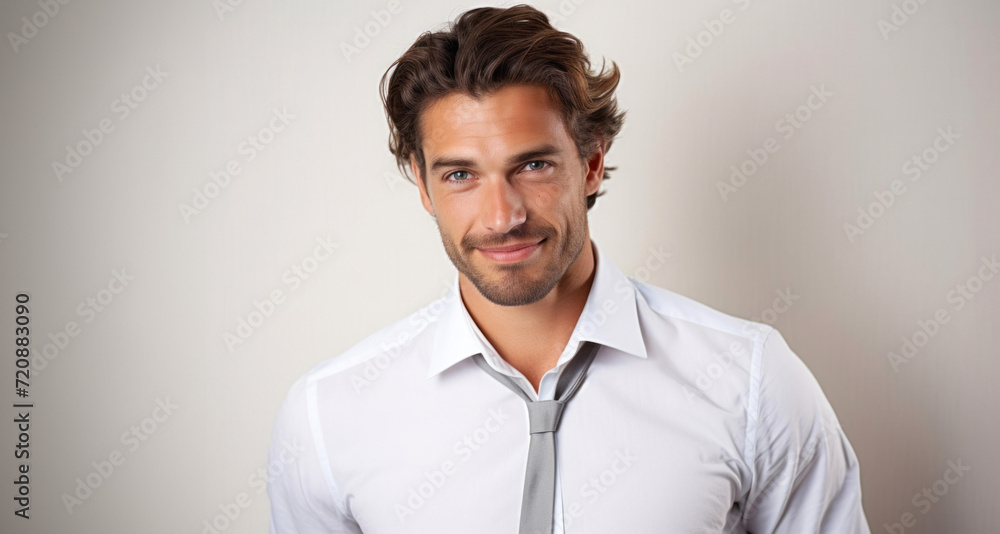 Portrait of a handsome young man in white shirt on gray background