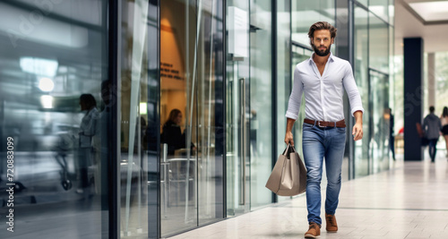 Handsome young man with a beard in a white shirt and jeans walking in the city.