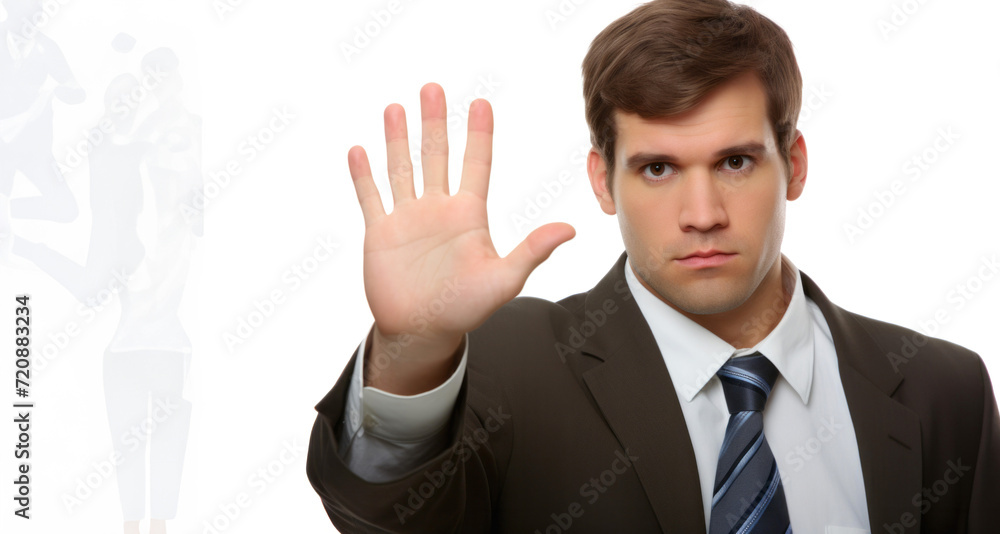 Young businessman making stop gesture with his hand, isolated on white background Young businessman making stop gesture with his hand, isolated on white background