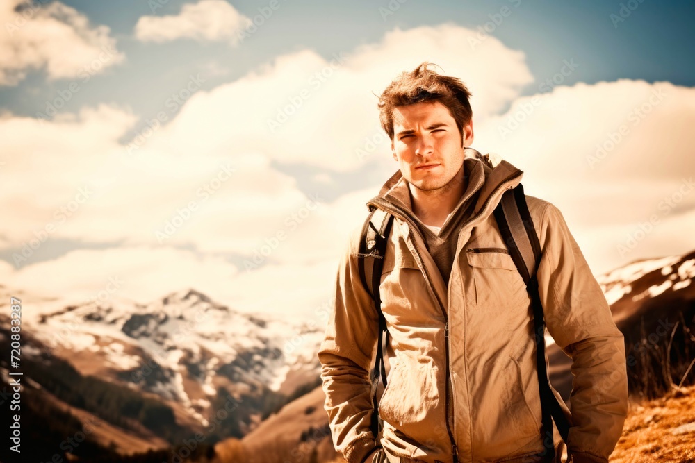 Handsome young man hiking in the mountains. Travel and adventure concept.