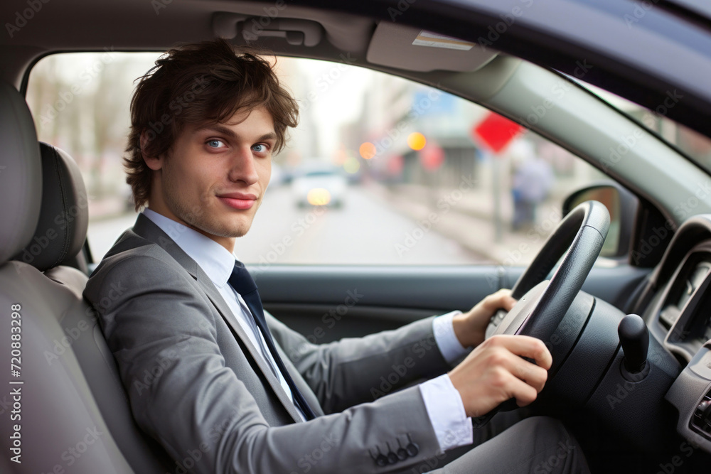 Young businessman driving a car on a city street, looking at camera