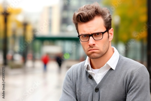 unhappy young man with eyeglasses in the city, portrait