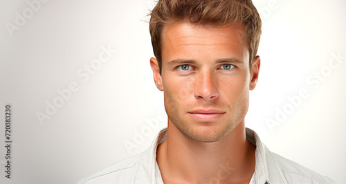 Portrait of a handsome young man in white shirt on grey background