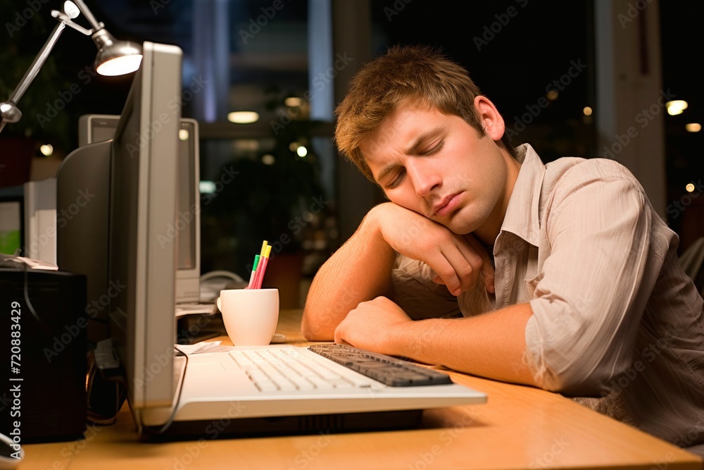Tired young businessman sleeping in front of computer in office at night Tired young businessman sleeping in front of computer in office at night
