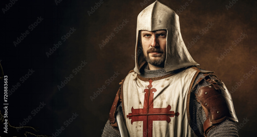 Portrait of a medieval knight in armor on a dark background. Portrait of a medieval knight in armor on a dark background.