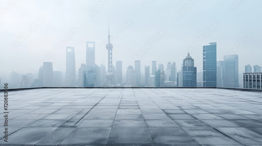 Empty square floor and city skyline with building background Empty square floor and city skyline with building background