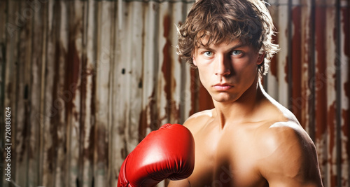 Portrait of a young boxer with red boxing gloves over rusty background