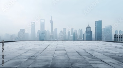 Empty square floor and city skyline with building background